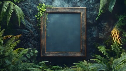 Aufkleber - Vintage wooden frame surrounded by dense lush tropical foliage in a mysterious moody forest landscape  The frame is set against a backdrop of ferns moss and other verdant greenery