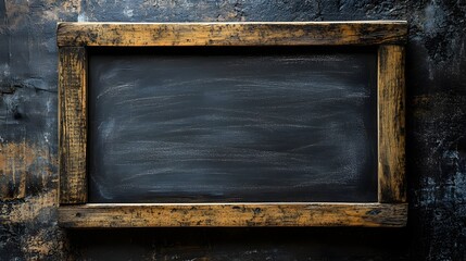 Poster - Vintage wooden frame with empty chalkboard or blackboard surface against a grunge textured concrete wall background  Ideal for education learning teaching or academic concepts with copy space