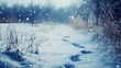 © CreativeBro - Snowy winter landscape with footsteps in fresh snow amid falling snowflakes and blurred trees in the background Copy Space