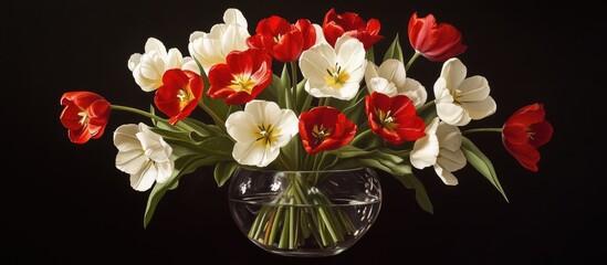 Poster - Red and white tulips in glass vase on dark background with Copy Space for text placement