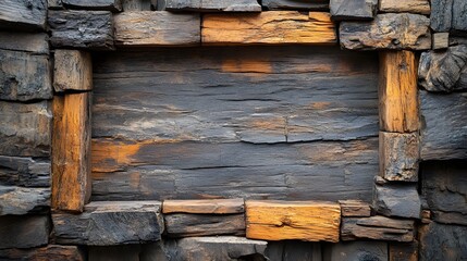 Aufkleber - Weathered Rustic Wooden Wall with Textured Panels and Stone Facade  Grunge Vintage Wooden Background with Cracked and Distressed Timber Planks Ideal for Rustic or Industrial Decor