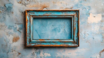 Poster - Weathered vintage wooden frame hanging on a distressed textured wall backdrop with peeling paint and grunge details  This image can be used for various design decor and architectural concepts