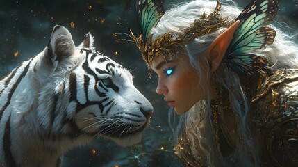Wall Mural - Ethereal elf with translucent butterfly wings golden armor and glowing blue eyes standing with her white tiger companion The scene is set in a moonlit misty forest with floating glowing particles