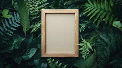 Aufkleber - Wooden frame placed amidst a verdant lush tropical forest setting surrounded by vibrant green leaves ferns and other foliage  The natural