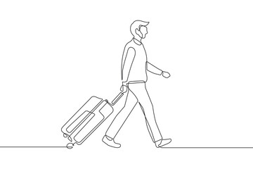 Wall Mural - Man with Suitcase Continuous One Line Vector Drawing. Male Traveler Line Art Isolated Vector Hand Drawn Illustration. Simple Trendy Minimalistic Background with One Line Man with Suitcase