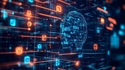  Brain Artificial Intelligence Concept,artificial intelligence software engineer coding on laptop computers with technology icons and binary code, big data, Ai bot digital machine