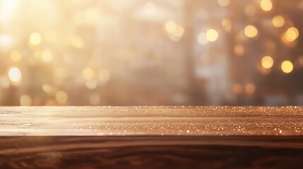 Wall Mural - wooden surface with sparkling glitter and blurred golden bokeh background copy space