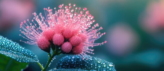 Sticker - Close-up of pink mimosa flower with water droplets on petals and leaves in soft focus background Copy Space