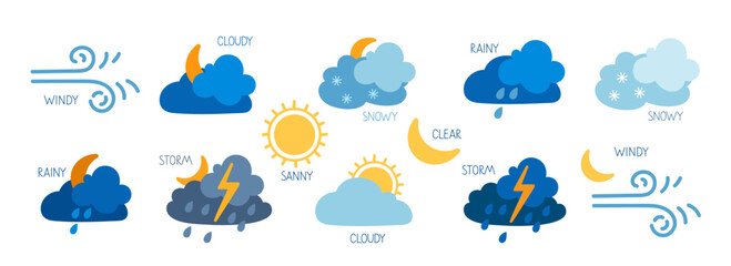 various weather icons illustrating different atmospheric conditions and symbols