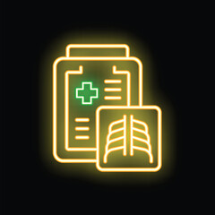 Poster - Neon medical history icon glowing on a black background, concept of healthcare and medical consultation