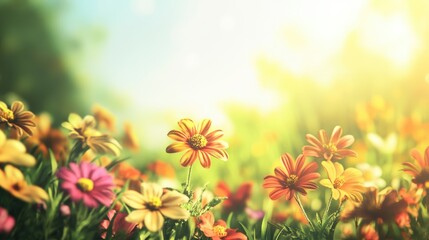 Wall Mural - Colorful wildflowers in a sunlit field with a blurred background and copy space for text placement