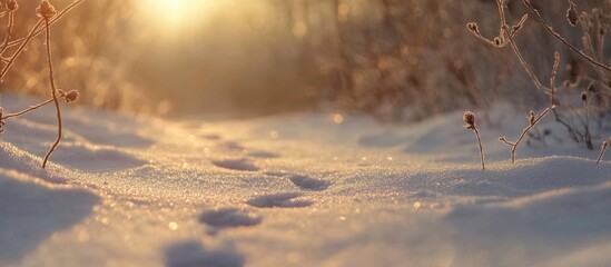 Wall Mural - Snow-covered pathway with footprints illuminated by sunlight in a winter forest landscape, Copy Space available.