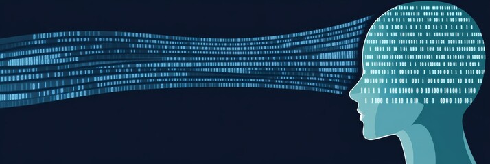 Abstract Digital Head Silhouette with Motherboard Patterns and Binary Code on Dark Background