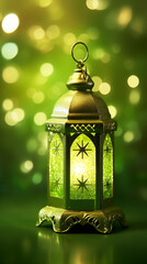 A shiny metallic moss green Ramadan lantern with a smooth gradient, accented by crystals scattered like stars.
