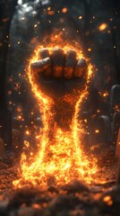 Wall Mural - ultrarealistic 3d rendering of a raised fist emerging from the ground surrounded by dynamic flames s