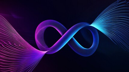 Wall Mural - neon infinity sign with glowing purple and cyan lines flowing seamlessly into loop against black bac