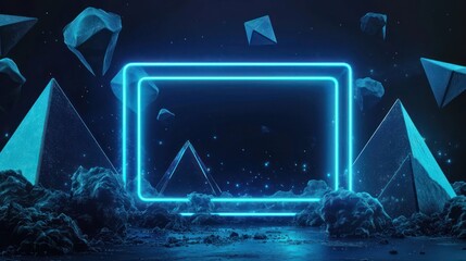 Wall Mural - Floating pyramids create a backdrop for a 3D embroidered badge, encased in a rectangular neon blue frame within a dark studio.