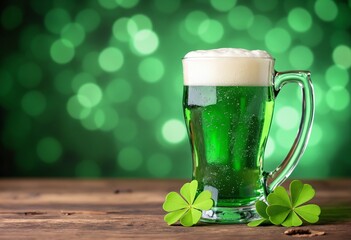 St Patrick's Day green beer with Shamrock and bstract green bokeh background for happy st patrick's day celebration background design