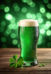 St Patrick's Day green beer with Shamrock and bstract green bokeh background for happy st patrick's day celebration background design