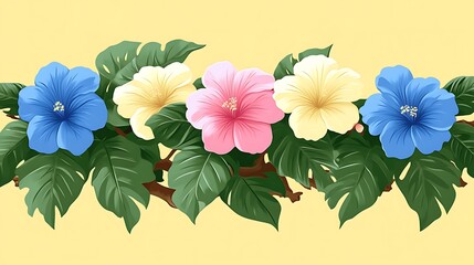 Wall Mural - Colorful Hibiscus Flowers and Lush Green Leaves