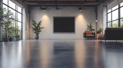 Fototapete - A spacious, modern interior featuring large windows, potted plants, a blank wall, and minimal furniture, creating a serene atmosphere