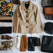 © DefineLove - stylish capsule wardrobe featuring versatile clothing items, including beige coat, patterned tops, and various accessories for chic look