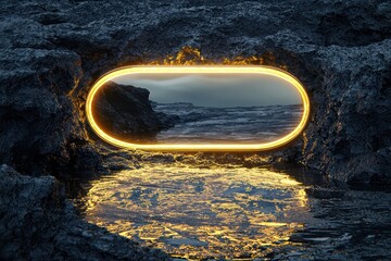 Wall Mural - A blend of modernity and elegance characterizes an oval glass billboard with golden neon accents, floating over jagged rocks in softly rippling water.