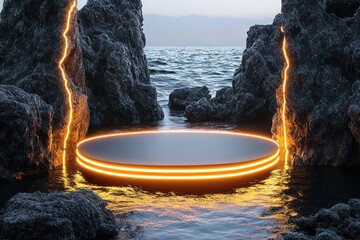 Wall Mural - Radiant golden neon edges outline an oval-shaped podium, tilted amidst jagged black rocks with water glowing around it.