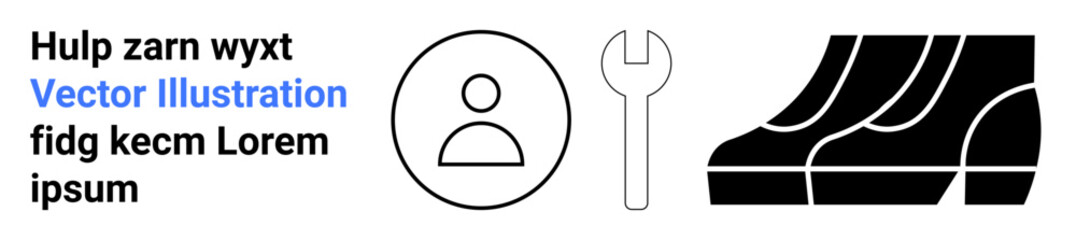 User profile icon, wrench for repair, and abstract shoe tread highlights service, maintenance, tools, profile management, e-commerce, branding and industrial themes. Ideal for flat landing page