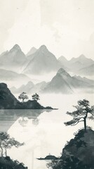 Wall Mural - Vintage illustration wallpaper nature architecture mountain.