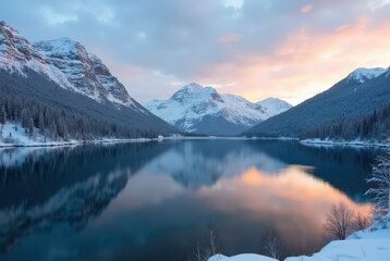  A tranquil winter landscape with a lake and mountains reflecting on the water at dusk