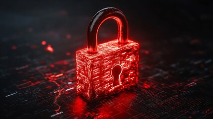A glowing, metallic padlock, embedded within a circuit board and etched with digital code, represents the concept of cybersecurity and data protection in a visually striking, abstract image