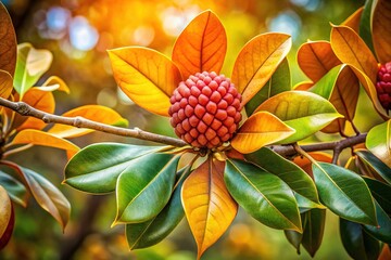 Wall Mural - Photorealistic AI art: autumn magnolia branch, fruit, and copy space.