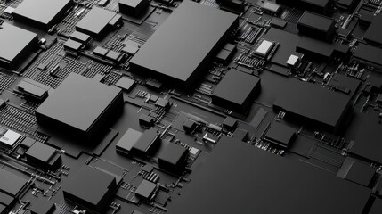 Aufkleber - An abstract geometric composition featuring 3D-rendered blocks set against a black background.