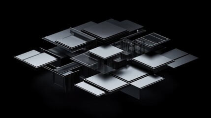 Aufkleber - An abstract geometric composition featuring 3D-rendered blocks set against a black background.