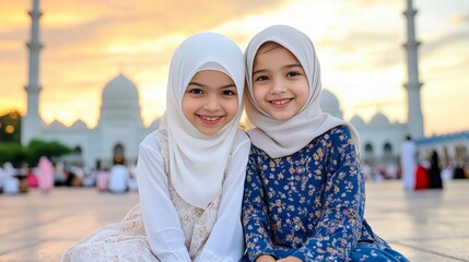 Two young asian girls smiling in hijabs at mosque during sunset