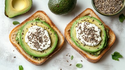 Two slices of bread topped with avocado and cream on a wooden surface