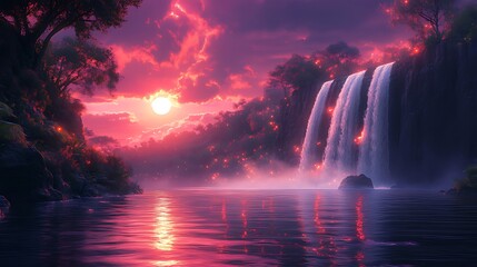 Wall Mural - Magical sunset waterfall, jungle lake, vibrant fantasy