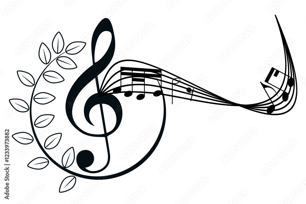 Black treble clef sign, decorated music key symbol, musical melody ...