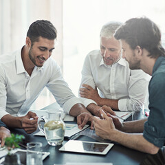 Wall Mural - Meeting, office and business men with tablet for discussion, collaboration and teamwork with manager. Documents, corporate and people on digital tech for research, project report and online feedback