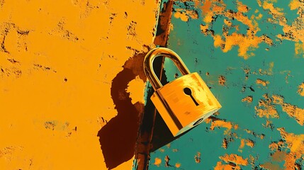 Golden Padlock on Weathered Wall: Security and Protection Concept