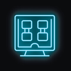 Wall Mural - blue neon glowing icon of a computer displaying a flowchart, symbolizing programming, software devel