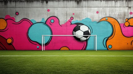 Football field with abstract, colorful graffiti on the goalposts