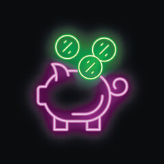 Wall Mural - Neon piggy bank receiving coins with interest rate symbol representing growing savings and financial success