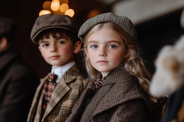 Kids in elegant traditional attire pose gracefully within a stately manor. Their outfits feature tweed jackets, wool capes, and refined accessories, capturing a timeless elegance