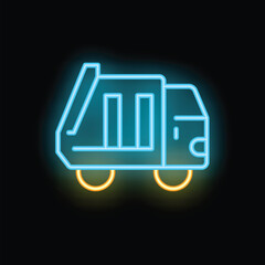 Canvas Print - Glowing neon line garbage truck icon isolated on a black background vector illustration