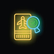 © ylivdesign - Glowing neon icon of a magnifying glass validating an airplane ticket, representing successful booking or travel verification