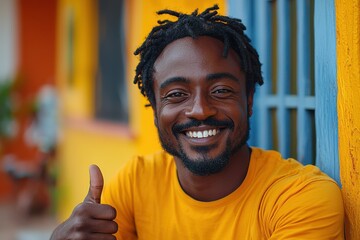 Wall Mural - Smiling man gives thumbs up while sitting near colorful building in vibrant neighborhood