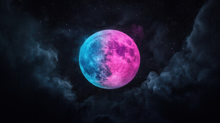 Wall Mural - Cosmic Dream: A surreal and ethereal depiction of a full moon, awash in vibrant hues of pink and blue, as it peeks through a veil of wispy clouds against a star-studded night sky.