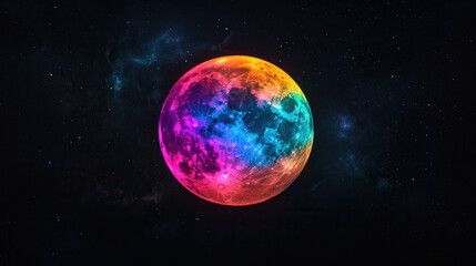 Wall Mural - Rainbow Planet: A vibrant, rainbow-hued planet glows brightly against the backdrop of a deep, star-studded space.  The cosmic scene evokes a sense of wonder and mystery. 